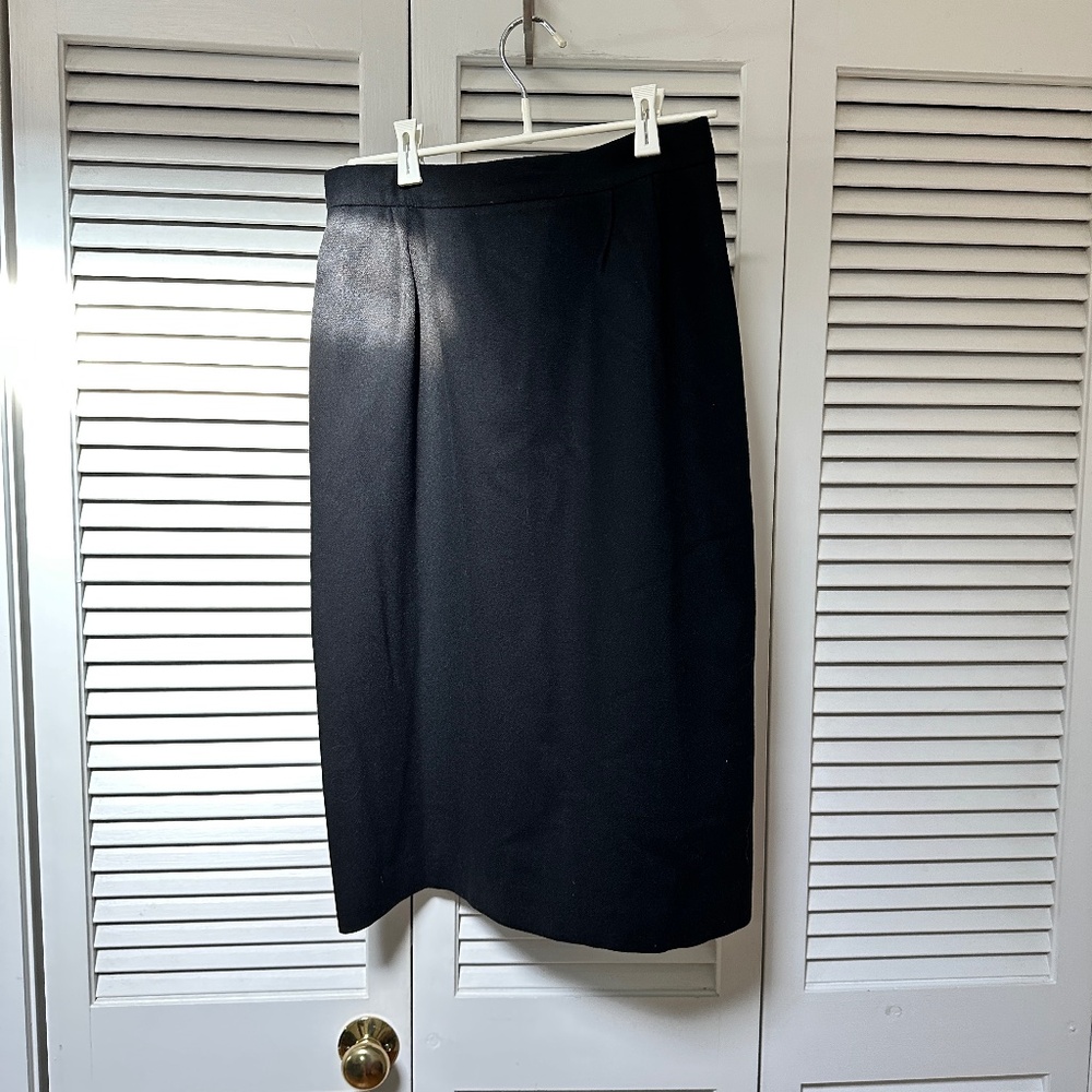 Classic 90s Wool Blend Midi Skirt Lined Pockets Kick Pleat Black Small